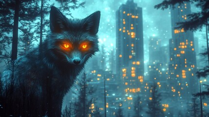 Glowing-eyed fox in forest, city skyline background.