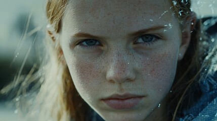 Teen Girl Portrait  Freckles  Serious Expression  Closeup