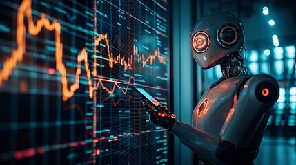 A glowing virtual assistant robot monitoring and predicting stock market volatility Stock Photo with side copy space