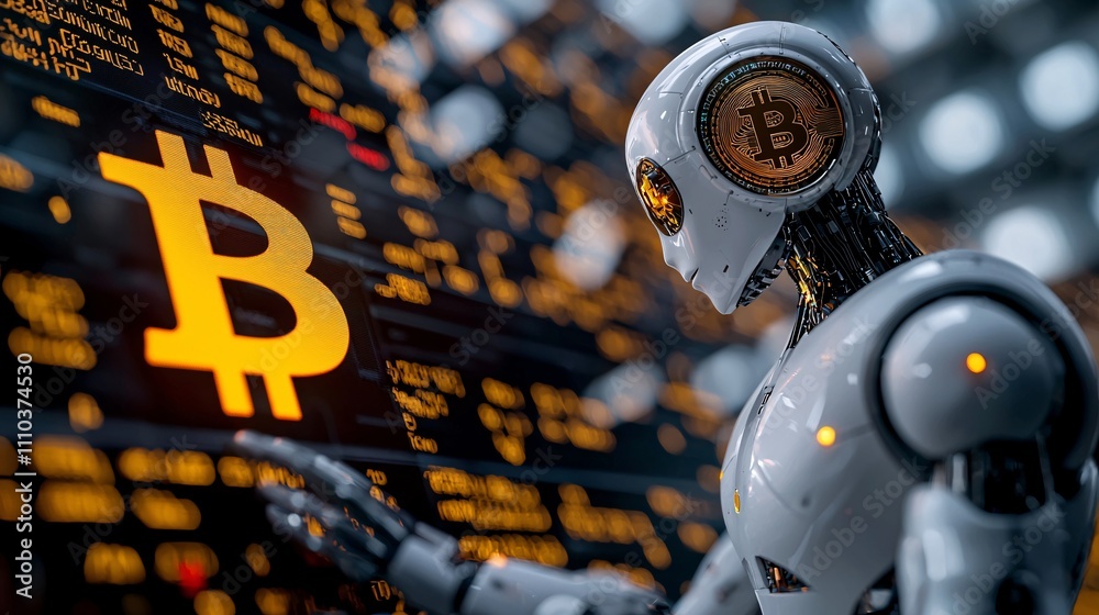 Aufkleber A team of robots collaborating in a digital space to optimize cryptocurrency investments Stock Photo with side copy space