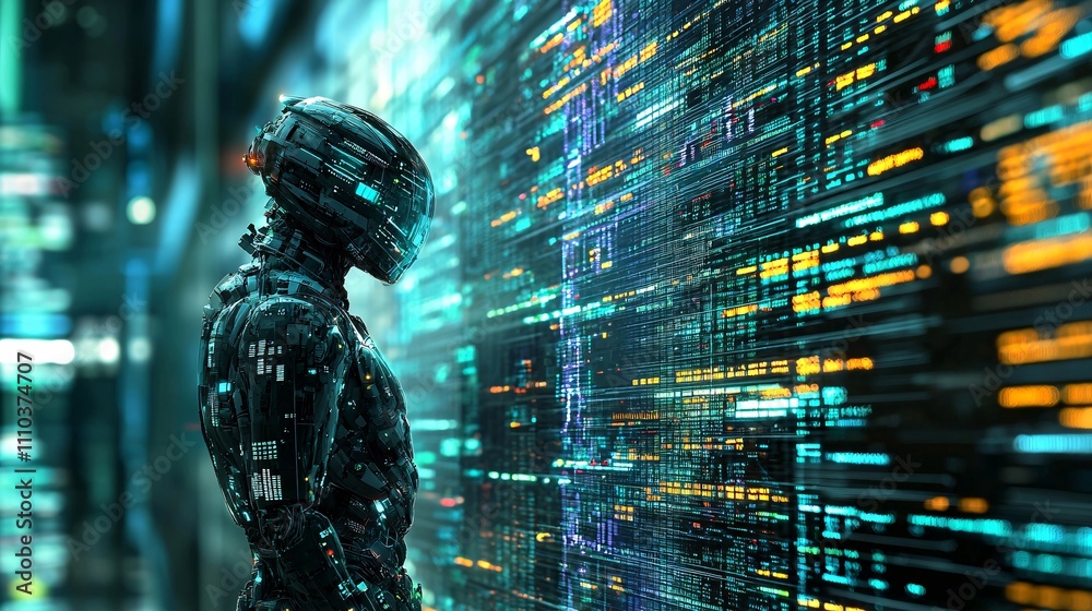 Poster An AI trading bot analyzing complex financial data sets with precision and speed Stock Photo with side copy space