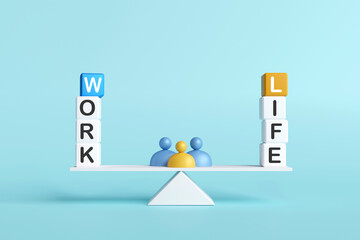 Work Life Balance concept, Cube with words on the scale and a human doll in middle.