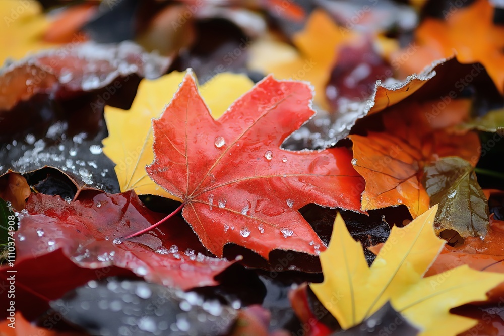 Poster a close-up of autumn leaves with frost on their edges, captured against a blurred background