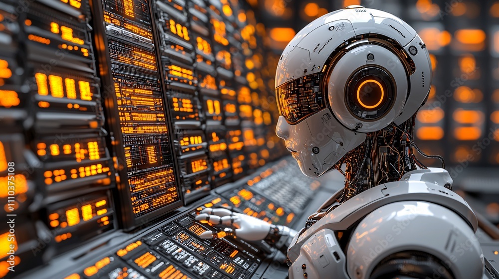 Poster a robotic crypto trading assistant analyzing blockchain data for strategic trades stock photo with s