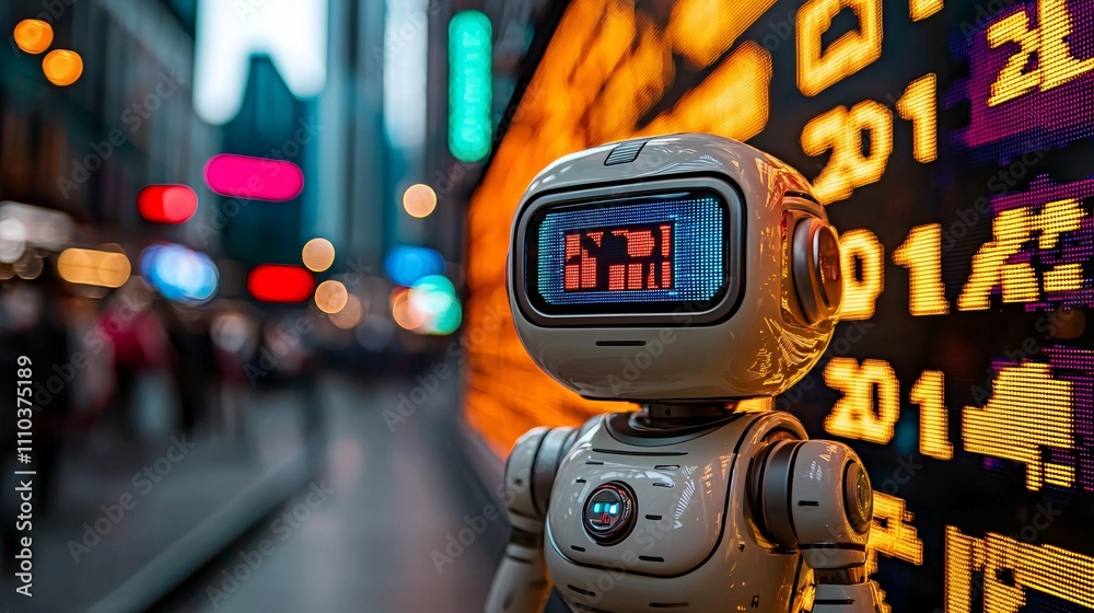 Poster A robotic crypto trading assistant analyzing blockchain data for strategic trades Stock Photo with side copy space