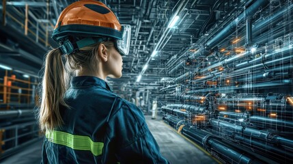 Fototapeta premium Technician analyzing complex systems in industrial setting high-fidelity photography safety gear engineering environment