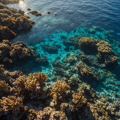 A reef viewed from above with sunlight dancing on its surface.

