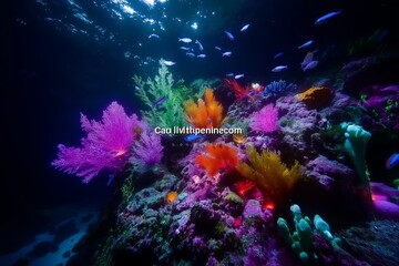 A coral reef teeming with colorful fish and glowing bioluminescent plants