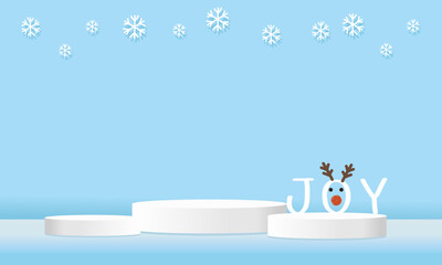 Christmas or New year  background with white stage, snowflakes, reindeer cartoon and hand written fonts on blue background vector.