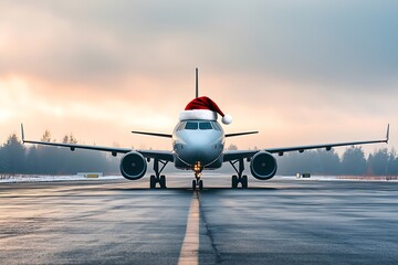 Photo of an airplane with a santa hat on the airport.