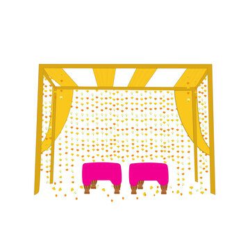 Colorful decorative indian wedding mehendi haldi setup stage backdrop decor design with curtains, floral marigold hangings, pink sofa set chair with flower illustration