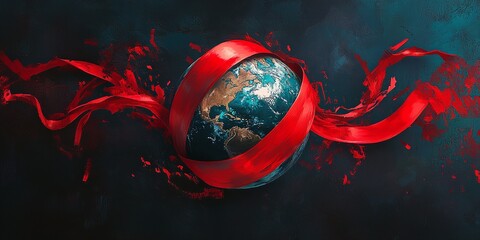 'World AIDS Day' Text with Artistic Globe Wrapped in a Red Ribbon, Symbolizing Global Solidarity