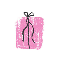 Crayon gift box. Scribble style festive present Chalk square holiday decorative packaging. Vector illustration isolated on white background