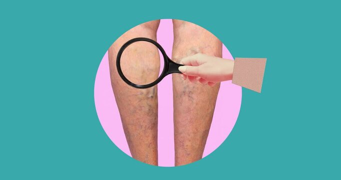 Varicose veins on a female senior legs. The structure of normal and varicose veins. Concept of dry skin, old senior people, varicose veins and deep vein thrombosis or DVT - 2D animation