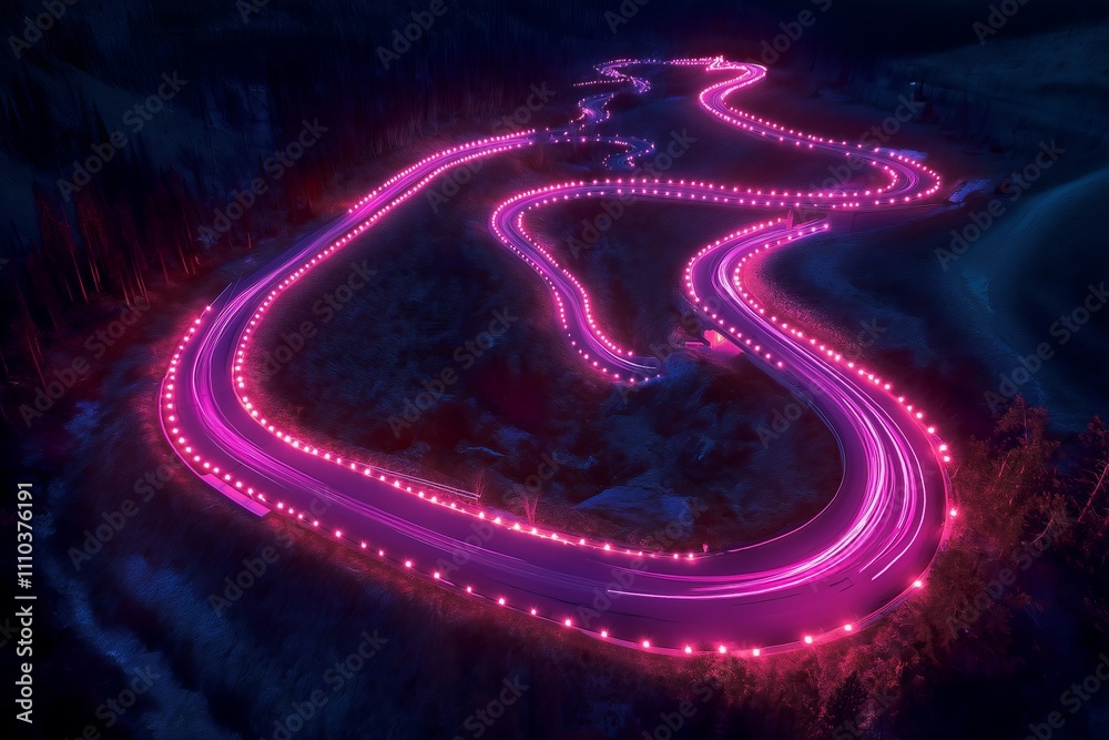 Poster a drone shot of winding highways with glowing car lights forming intricate patterns.