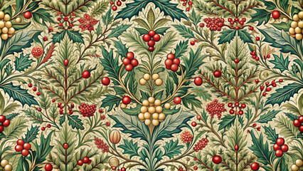 Obraz premium Seamless intricate Pre-Raphaelite style Christmas pattern.Endless floral vintage and winter plant patterns to print on fabric,paper and create timeless and sophisticated atmosphere your projects