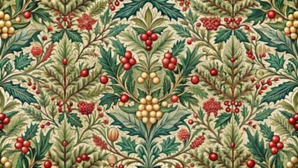 Seamless intricate Pre-Raphaelite style Christmas pattern.Endless floral vintage and winter plant patterns to print on fabric,paper and create timeless and sophisticated atmosphere your projects