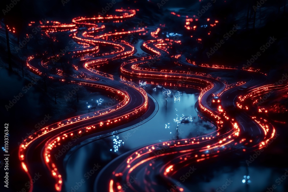 Poster a drone shot of winding highways with glowing car lights forming intricate patterns.