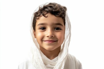 Smiling child wearing white headscarf, close-up portrait.