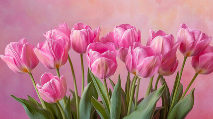 Vibrant pink holiday banner featuring a stunning bouquet of pink tulips against a soft pink backdrop.