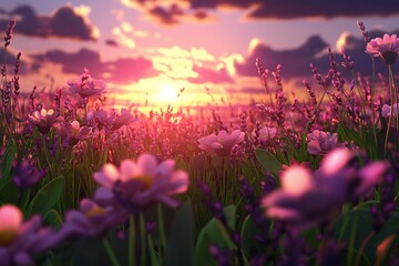 Naklejka premium A field of lavender stretching toward the horizon under a glowing golden sunset