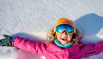 Child enjoys winter fun lying in the snow, wearing bright ski clothes and smiling joyfully, capturing the essence of a snowy day outdoors