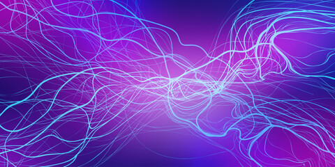 Abstract glowing neon line in purple background, futuristic nerve dynamic waves flow.