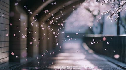 Cherry Blossom Petals Dancing in Urban Twilight: A Serene Spring Moment