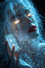 Fototapeta premium Enchanting woman with glowing blue hair and magical lights