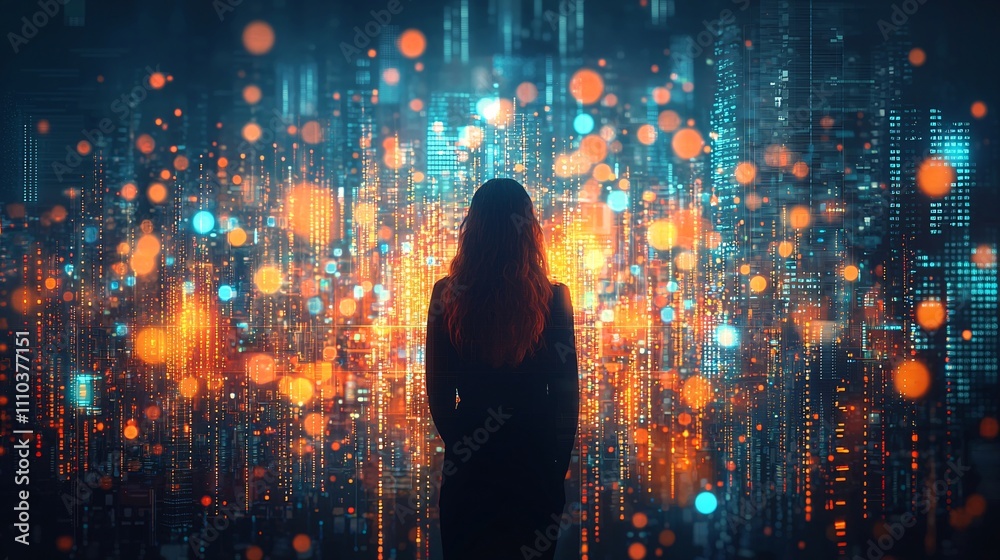 Poster a robot analyzing big data for stock market trends in a cutting-edge trading environment stock photo