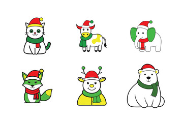 A festive list of 6 Christmas themed animal vector Illustration
