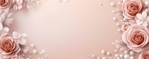 Naklejka premium A soft, elegant floral background featuring pink roses and pearls, perfect for weddings or romantic themes.