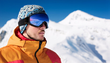 Serious Russian man in reflective ski goggles and bright winter jacket enjoys winter sports on snowy mountains under clear blue sky
