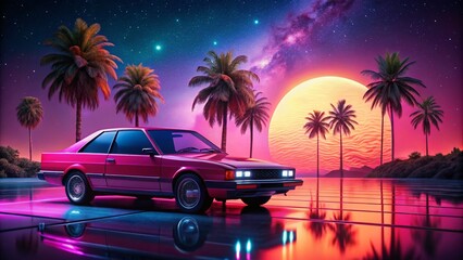 Retro Synthwave 80s Style Pink Car in Low Light with Ultrawide Background, Capturing the Essence of Nostalgic Transportation and Vibrant Nightlife