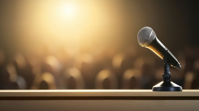 A microphone on a podium with a blurred audience in the background, illuminated by soft stage lighting, suggests a public speaking or performance setting.