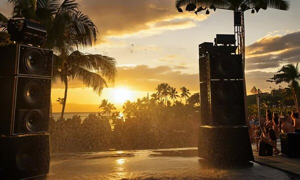 A sunset view by a pool with palm trees and speakers, creating a vibrant leisure atmosphere.