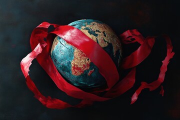 'World AIDS Day' Text with Artistic Globe Wrapped in a Red Ribbon, Symbolizing Global Solidarity