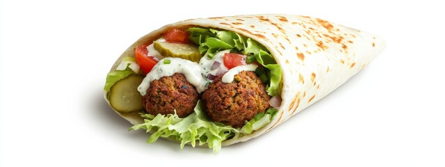A gourmet falafel wrap with tahini sauce, shredded lettuce, diced tomatoes