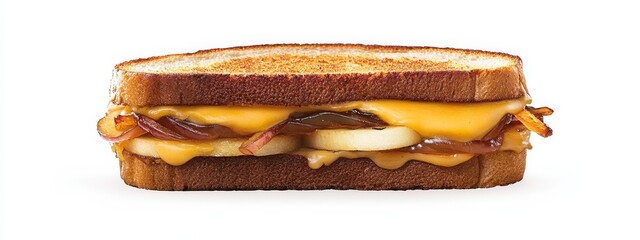 A gourmet grilled cheese sandwich with aged cheddar, caramelized onions, and sliced apples on sourdough bread