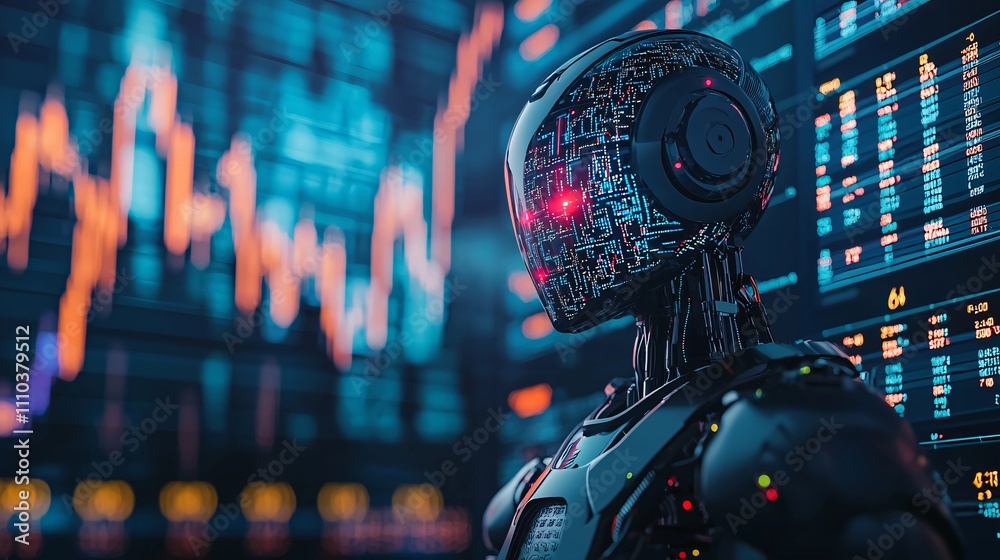 Poster An automated system designed to identify stock market inefficiencies using robotic algorithms Stock Photo with side copy space