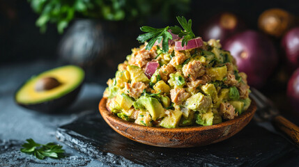 creamy and delicious avocado tuna salad with fresh ingredients, perfect for healthy meal. Enjoy vibrant flavors and textures in this nutritious dish