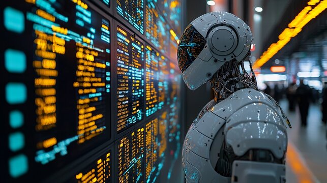 A high-speed trading environment where robots execute algorithmic trades efficiently Stock Photo with side copy space