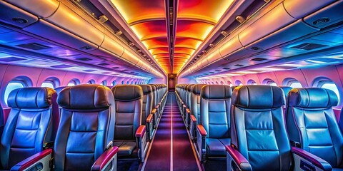 Fototapeta premium Scenic Aisle View in Airplane Cabin with Passengers' Seats and Overhead Bins, Capturing the Unique Perspective of Air Travel and Adventure in the Sky