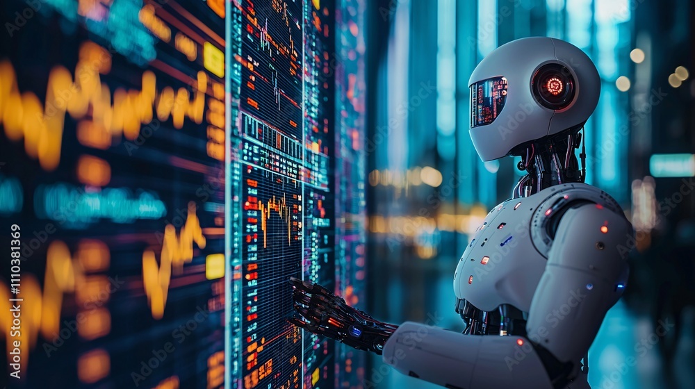 Aufkleber A robotic system analyzing real-time stock market data with advanced decision-making capabilities Stock Photo with side copy space