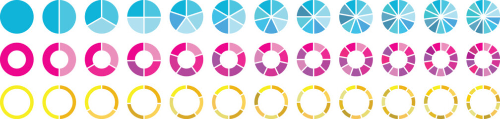 Pie chart set. Circle section graph. 1,2,3,4,5,6 segment infographic. Pie chart divided 1,2,3,4,5,6,7,8,9,10,11,12 equal parts. Ring percentage diagram collection