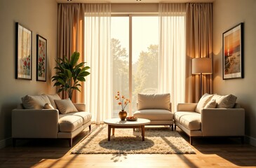 Beautiful light modern interior with a large floor-to-ceiling window and soft furniture, sunlight
