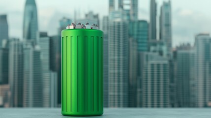 sustainability concept. Green battery against a city skyline background.