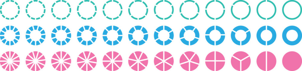 Pie chart infographic set. Pie charts circle 1, 2, 3, 4, 5, 6 options part diagram collection. Pie chart flat icon for apps and websites. Infographic segment or sections parts. Vector illustration