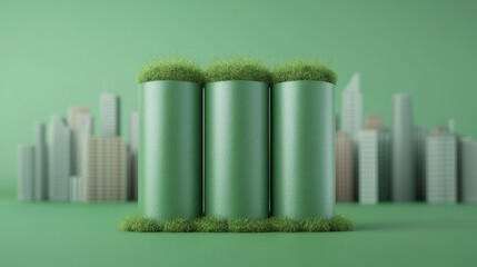 sustainability concept. Sustainable growth concept with green cylinders and city skyline backdrop.