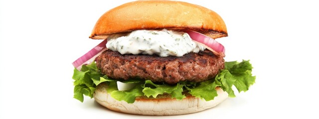 A gourmet lamb burger with tzatziki sauce and Mediterranean salad, isolated white background, pop art style